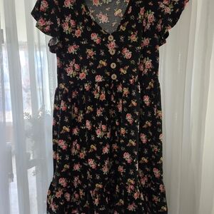 Vibe Black Floral Button-Front Girls Dress with Pink Roses